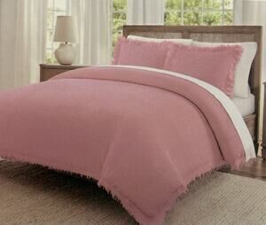 Shabby Chic All Cotton Woven King Size Duvet Cover Set Pink Ruffle Garment Wash